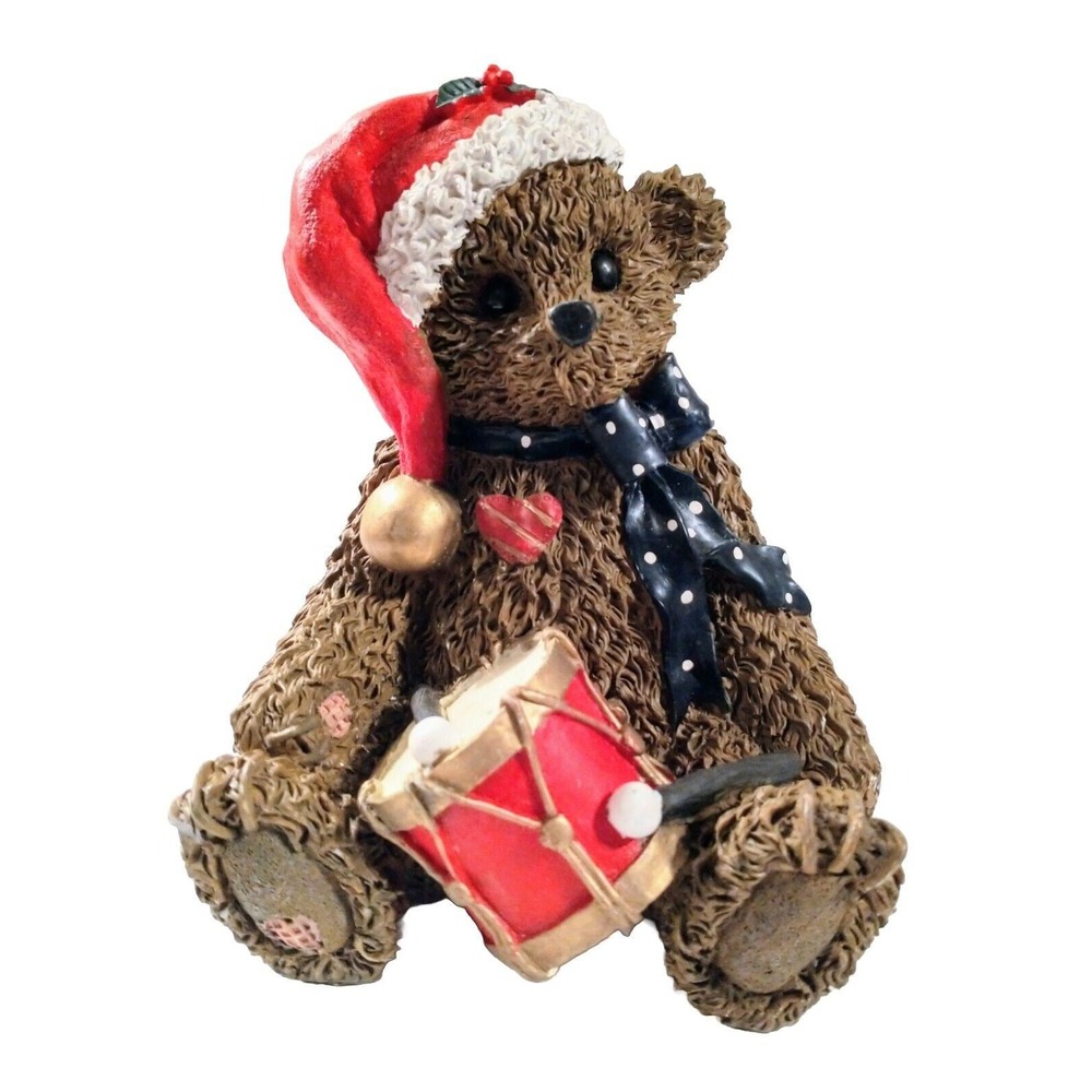 Christmas Teddy Bear Figurine Resin Santa Hat Drummer Holiday Decor 5.5" Vintage